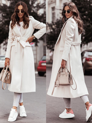 Simple Long-sleeved V-neck Tie Woolen Solid Color Coats