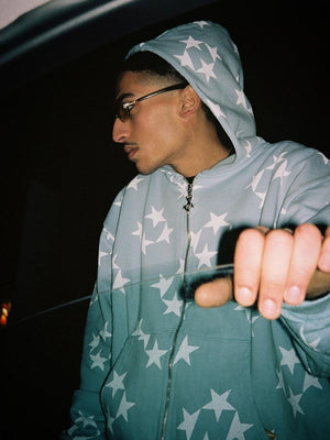 Old Star Print Zippered Loose Hooded Sweatshirt