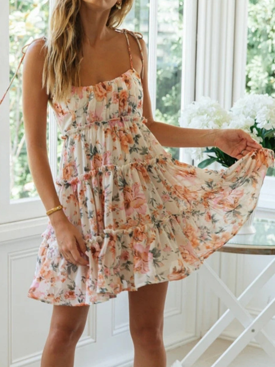 Resort-style Floral Print Multi-layered Ruffled Short Sundress