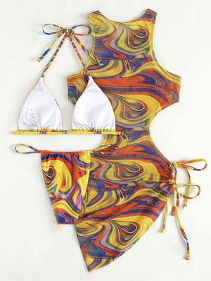 Hollow-out Drawstring Swimsuit Bikini Beach Cover-up Three-piece Set