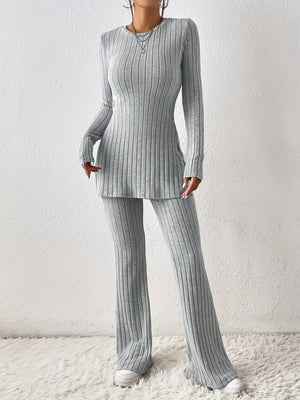 Leisure Long Sleeve Crew Neck Slit Pure Color 2-piece Sets