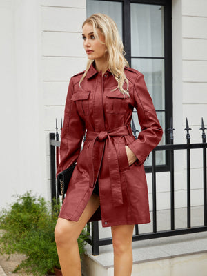 Slim Fit Mid-length Pocket With Belt Leather Jacket