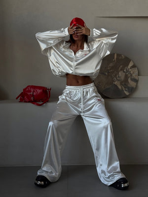Zippered Loose Sweatshirt Jacket And Wide-Leg Pants Two-Piece Set