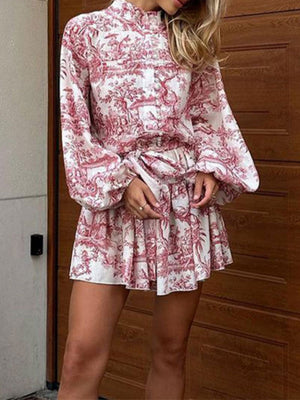 Elegant And Fashionable Long-sleeved Tie Printed Mini&Short Dresses
