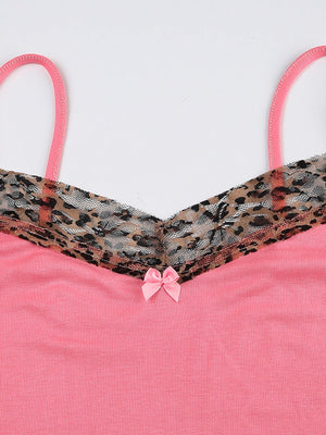 Pink Leopard Print Patchwork Lace Camisole