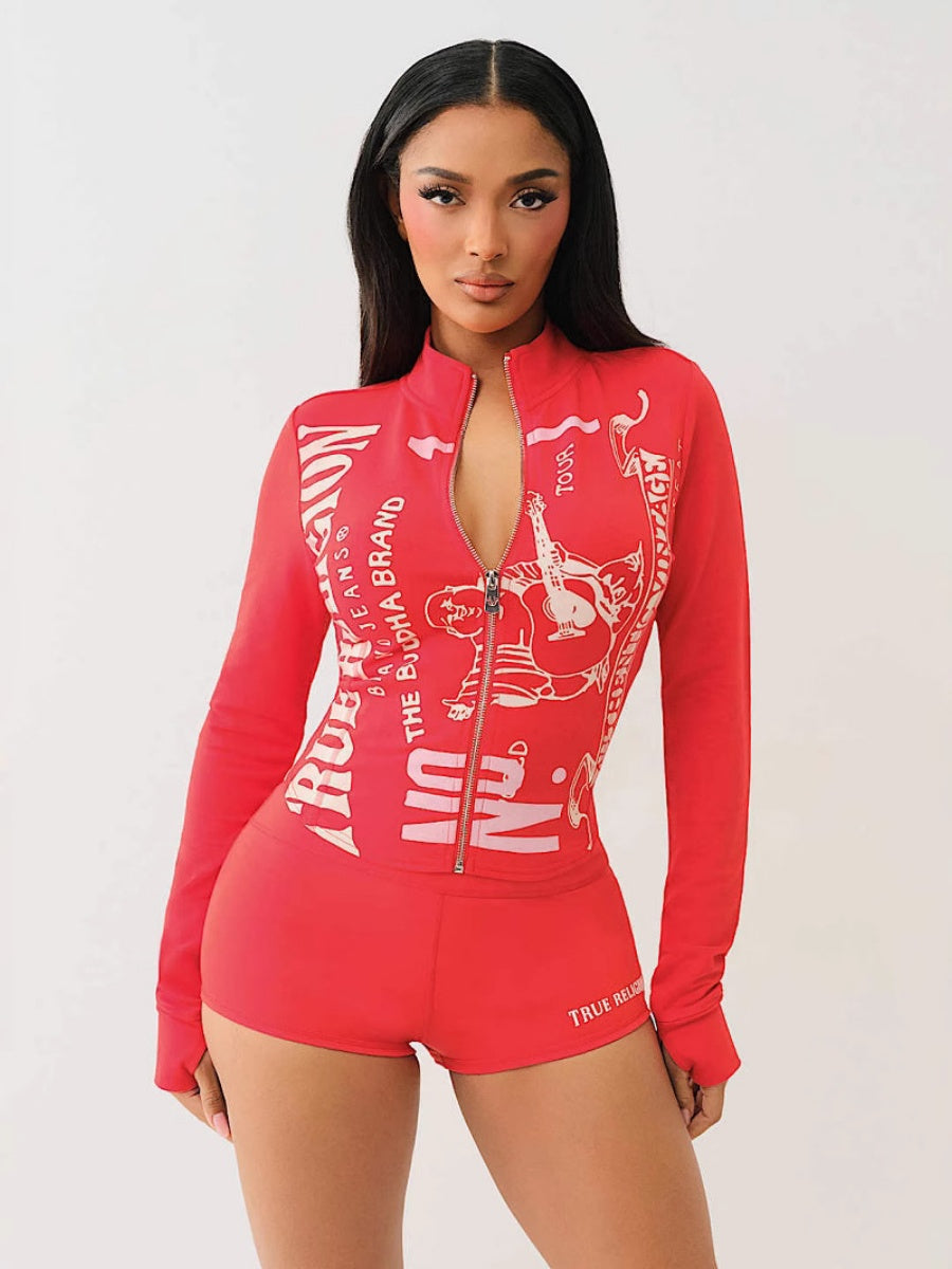 Printed Slim-fit Shorts Long-sleeved Zip-up Top 2-piece Sets