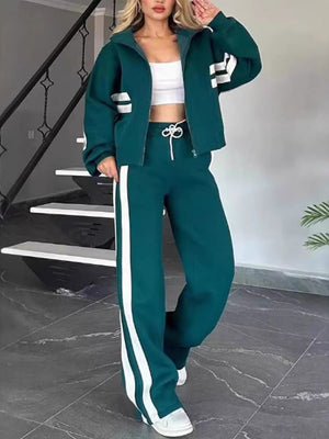 Stripes Zipper Top Wide-leg Pants Leisure Sports 2-piece Sets