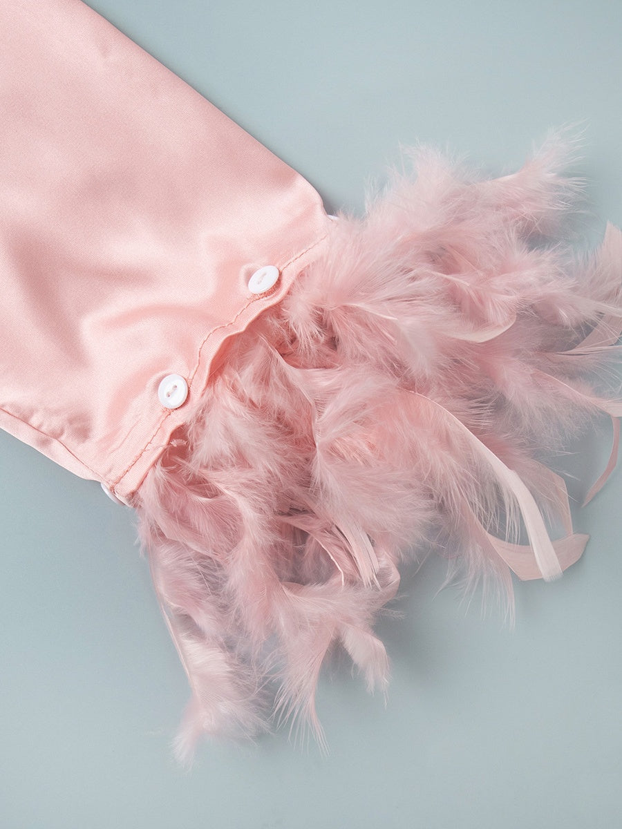 Feather Ice Silk Long-Sleeved Pants Pajama Set