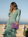 Long Sleeve Deep V Tassel Maxi Dresses