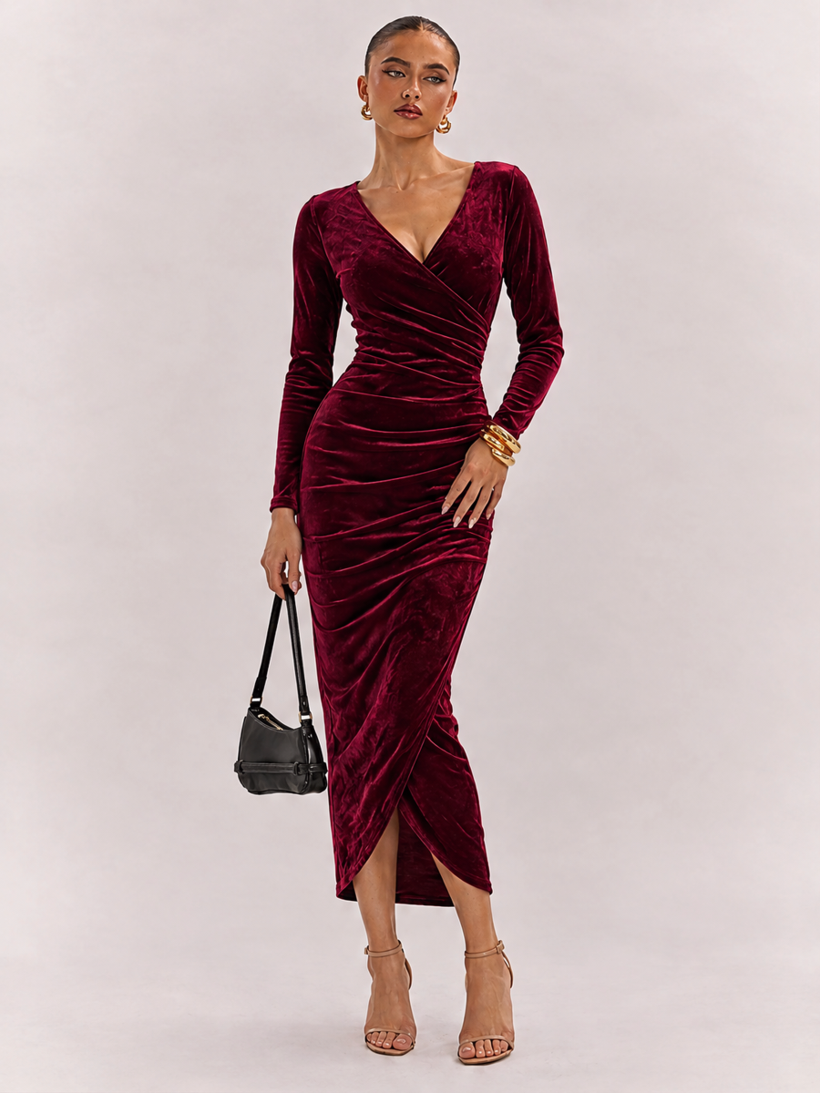 Goose Down V-neck Dress, Slim Fit, Pleated Patchwork, Irregular Skirt, Elegant Long Dress