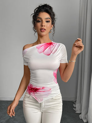 Irregular Hem Floral Print Short-Sleeve T-shirts