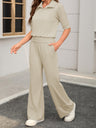 Collared Short-sleeved Top And Elastic Wide-leg Pants Two-piece Set