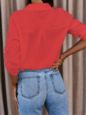 Simple Long-sleeved V-neck Button-down Shirt