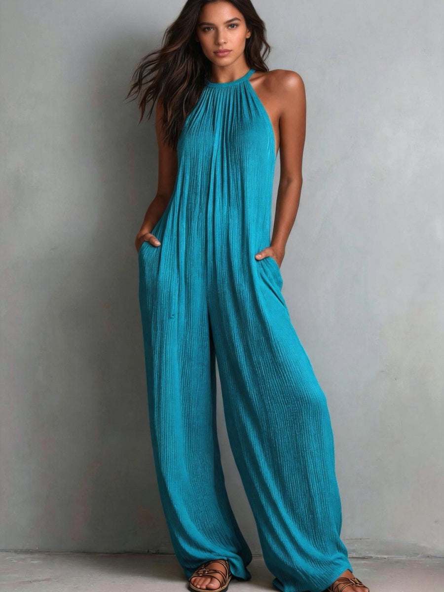 Halter-neck Sleeveless Resort-style White Pleated Backless Wide-leg Jumpsuit