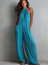 Halter-neck Sleeveless Resort-style White Pleated Backless Wide-leg Jumpsuit