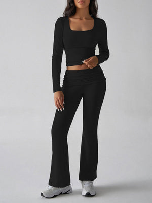Leisure Navel Solid Color Long-sleeved Two-piece Suit
