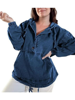 Button-up Pullover Denim Hoodie