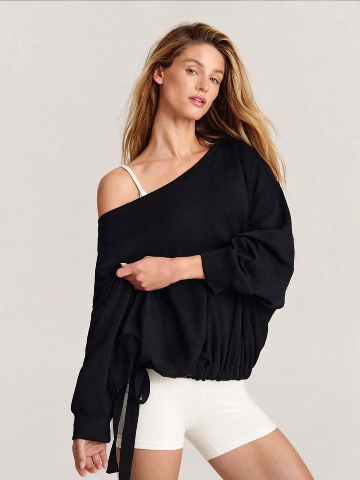 Women's Autumn/Winter Solid Color Off-Shoulder Long Sleeve Drawstring Hem Sweatshirt