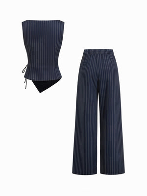Profession Stripes Sleeveless Asymmetrical Jacket Straight-leg Trousers 2-piece Sets