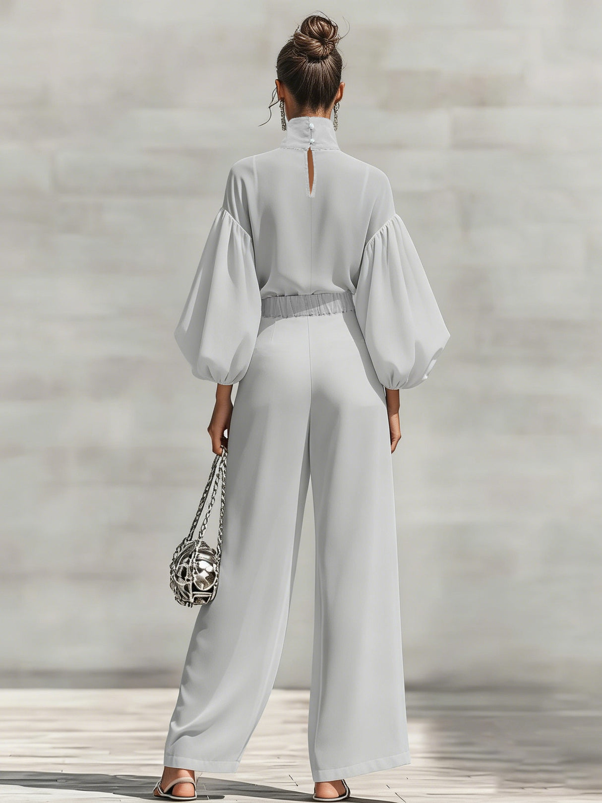 Chiffon Stand-up Collar Puff Sleeve High-waisted Draped Wide-leg Pants Two-piece Set