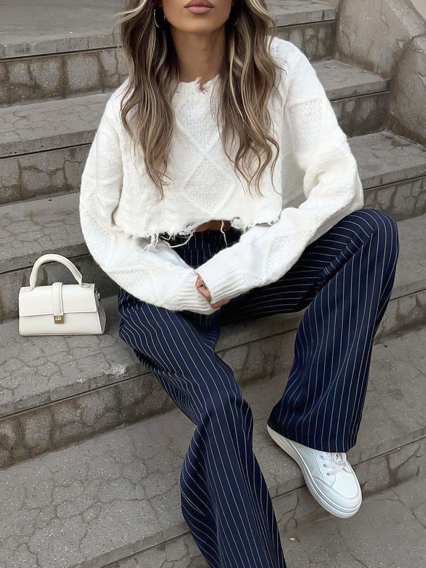 Navy Blue Retro-style Striped Casual Wide-leg Suit Trousers