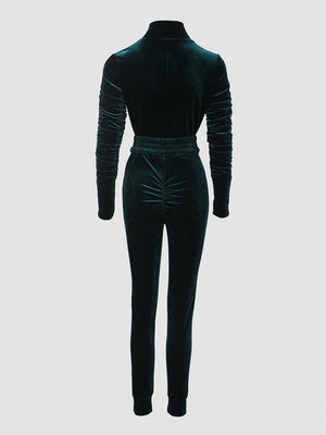 Velvet Zipper Metal Belt Jumpsuit