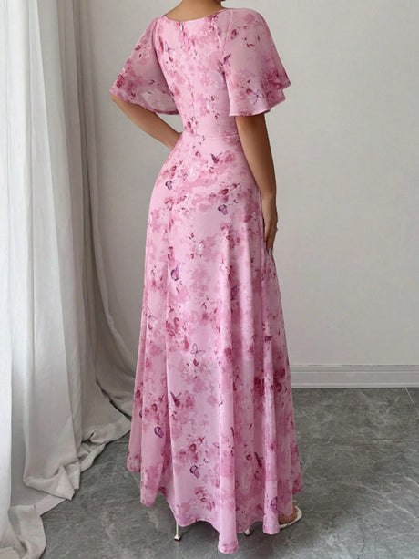 Floral Lotus Leaf Sleeves Sweetheart Collar Vacation And Leisure Maxi Dresses