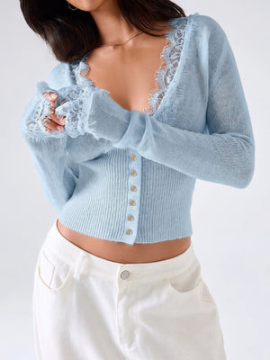 Lace Knitwear Slim-fit V-neck Solid Color Blouse&Shirts