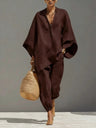 Solid Color Batwing Sleeves, V-neck, Loose Pockets 2-piece Sets