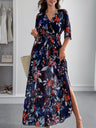 Printed Straps V-neck Short Sleeve Slit Maxi Dresses