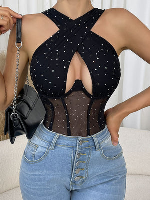 Fine Flash Trim Cross Mesh Perspective Bodysuits
