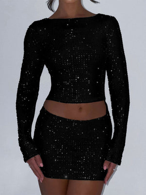 Rhinestone-studded Long-sleeved T-shirt And Skirt Two-piece Set