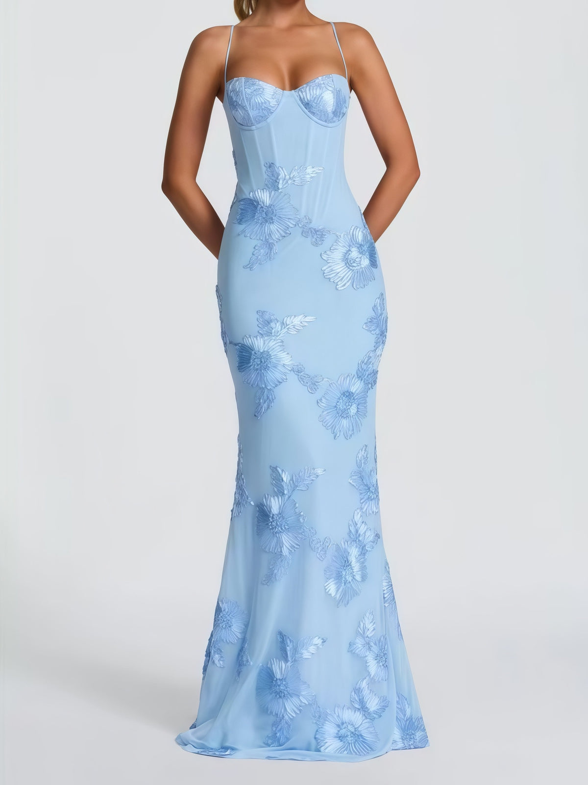 3D Embroidered Backless Cross-Strap Spaghetti Strap Long Dress