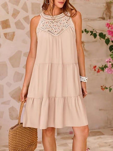 Loose-fit Trim Hollow Lace Halter Mini&Short Dresses