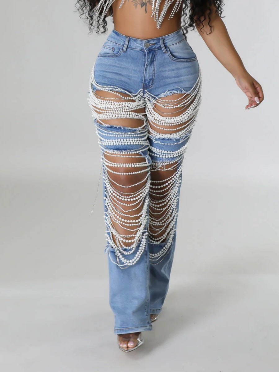 Ripped, Pearl-beaded Stretch Jeans