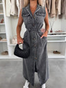 Sleeveless Tie-waist Single-breasted Denim Maxi Dress