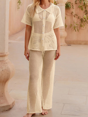 Loose-fitting Short-sleeved Shirt, Casual Trousers, See-through Cutout Sexy Vacation Sun Protection Beachwear