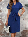 V-neck Solid Color Short-sleeved Dress With Bow Belt