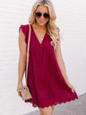 Lace Jacquard Openwork V-neck With Ruffles Solid Color Mini&Short Dresses