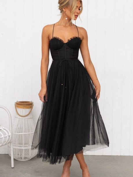 Mesh Lace Up Fishbone Camisoles Midi Dresses