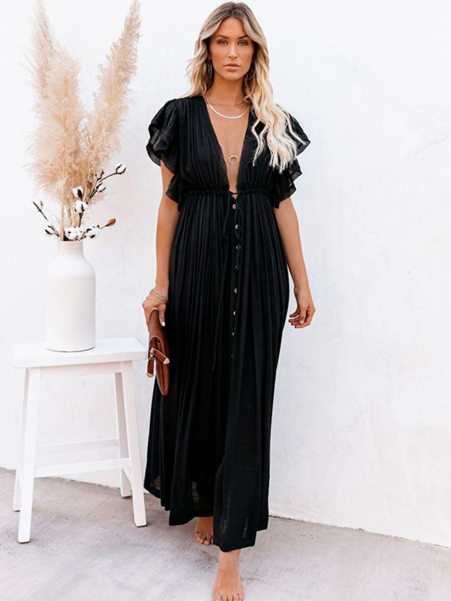 Bamboo-joint Fabric Button Waist Rope Long Cardigan Vacation Beach Jacket Sun Protection Long Skirt Bikini Cover-up
