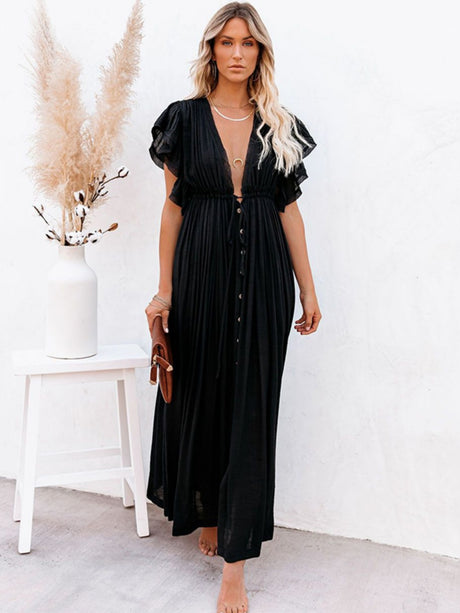 Bamboo-joint Fabric Button Waist Rope Long Cardigan Vacation Beach Jacket Sun Protection Long Skirt Bikini Cover-up