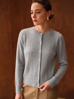 Wool Blend Cable Knit Crew Neck Single-breasted Cardigan