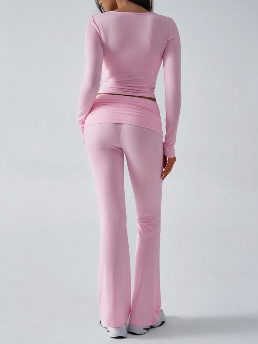 V-neck Long Sleeve Pants Pleated Navel Solid Color 2-piece Sets