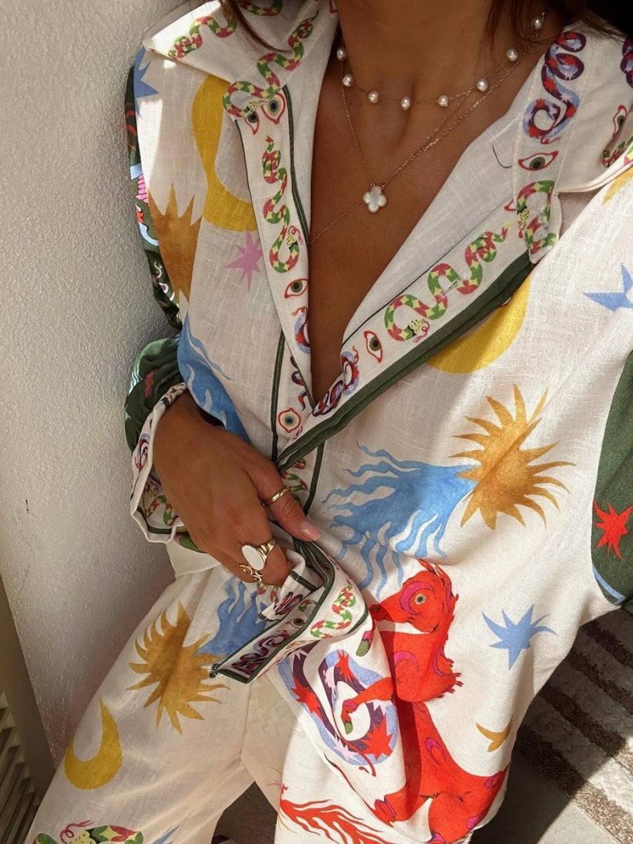 Ensemble deux pièces de chemises à manches longues en lin à imprimé macarons