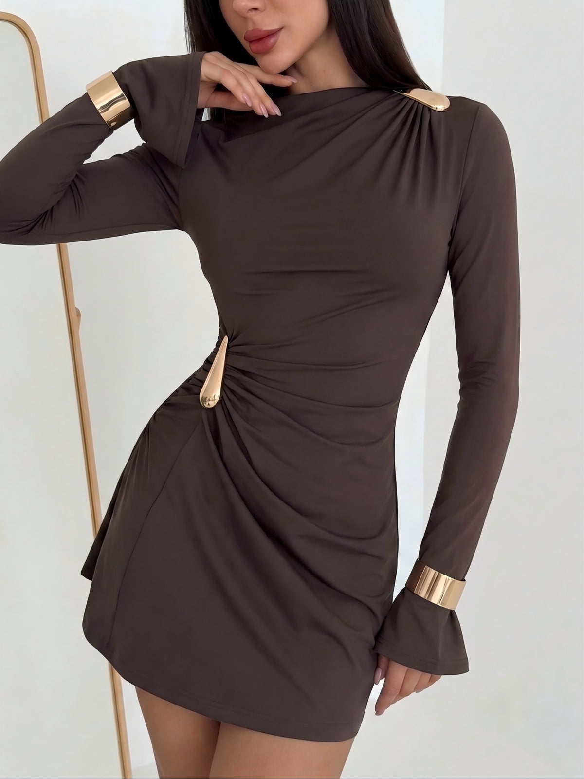 Slim-fit Long-sleeved Ruched Solid Color Short Dress With Metallic Embellishments