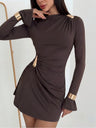 Slim-fit Long-sleeved Ruched Solid Color Short Dress With Metallic Embellishments