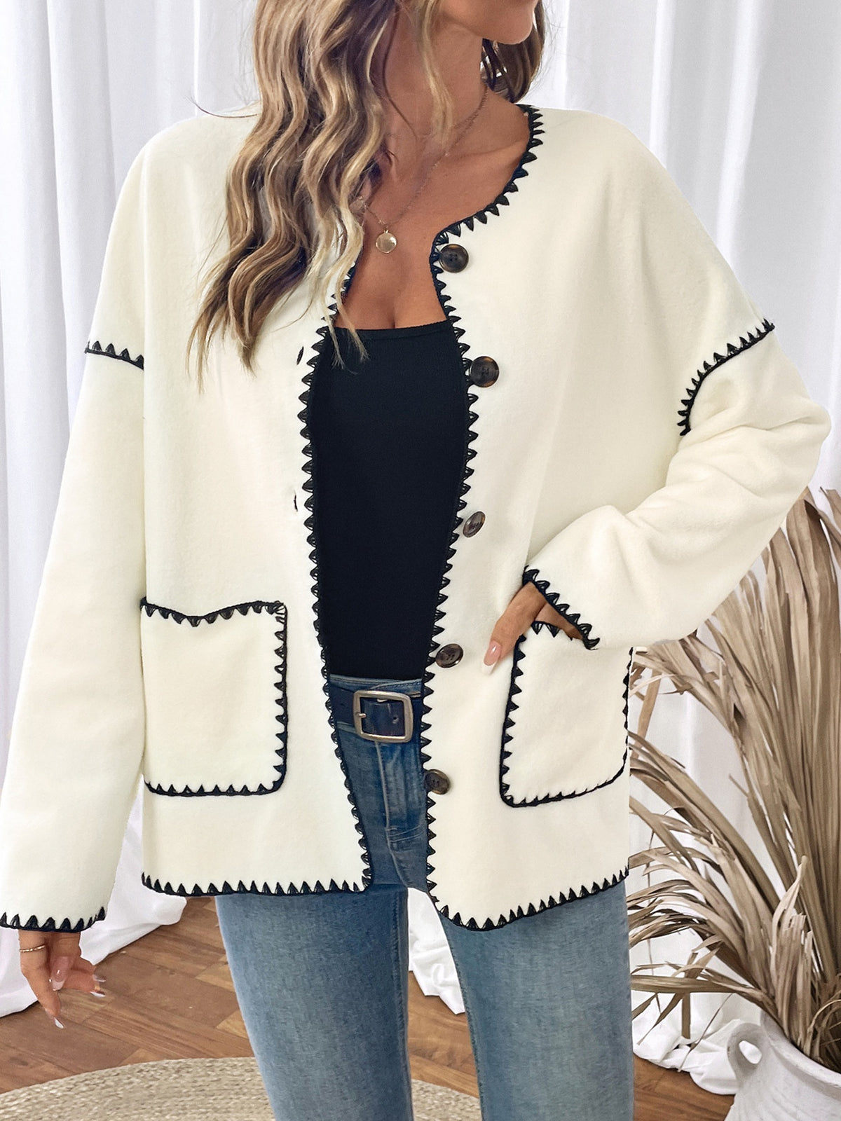 Retro-style Color-blocked Loose Single-breasted Fleece Jacket