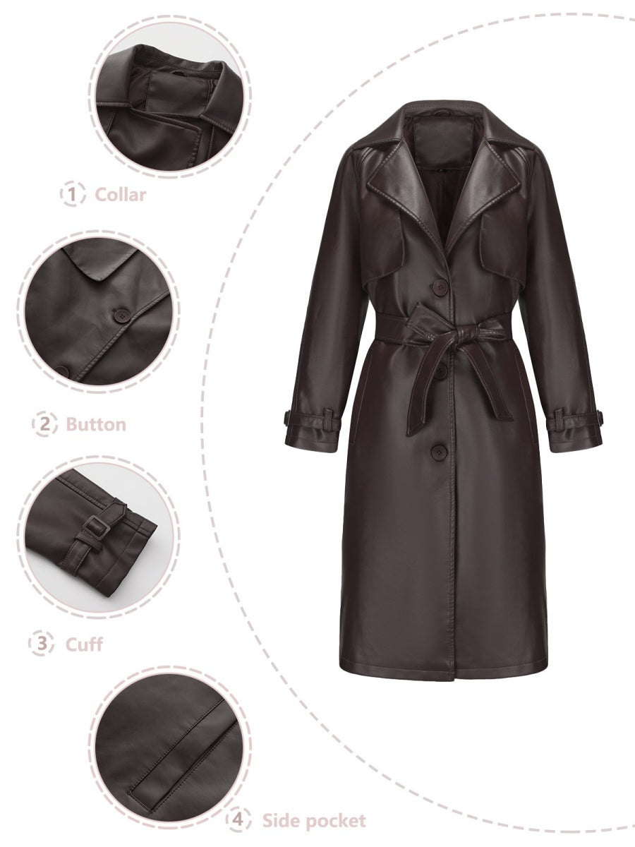 Long And Loose Lace Up Lapel Leather Jacket