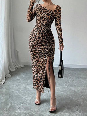 Long-sleeved, Slim-fit Leopard Print Drawstring Bodycon Top Mini&Short Dresses